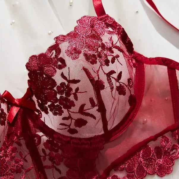 💫Sexy Embroidered Mesh Lingerie Set | Underwire Push-Up Bra & V-String