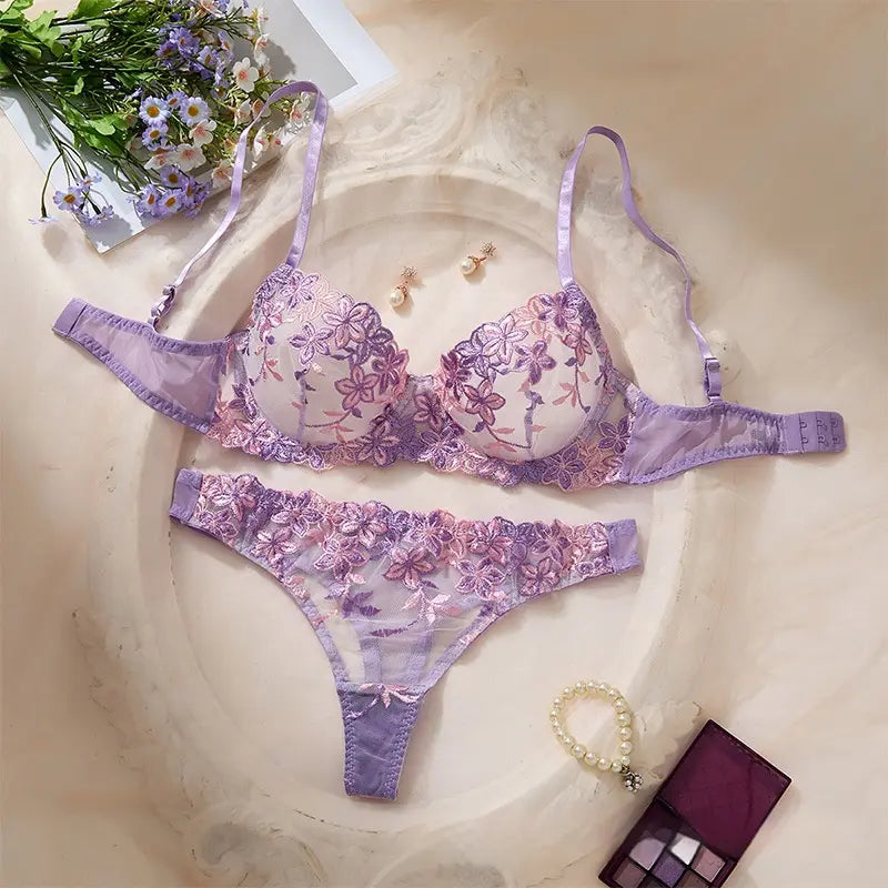 💫Sexy Embroidered Mesh Lingerie Set | Underwire Push-Up Bra & V-String