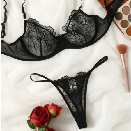 💫Sexy 2-Piece Floral Lace Lingerie Set - Underwire Bra & Garter Belt