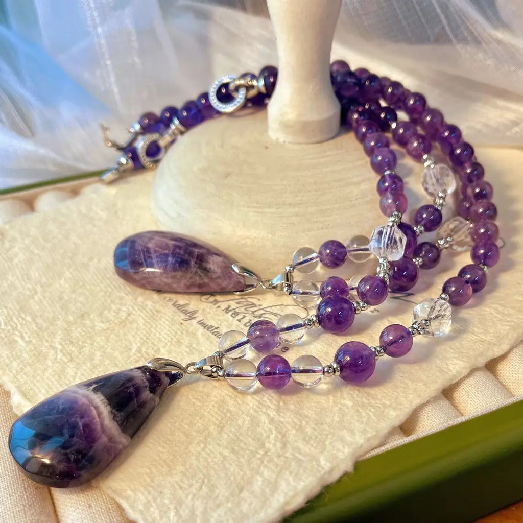 💜Vintage Lavender Amethyst Beaded Pendant Necklace | Clavicle Chain