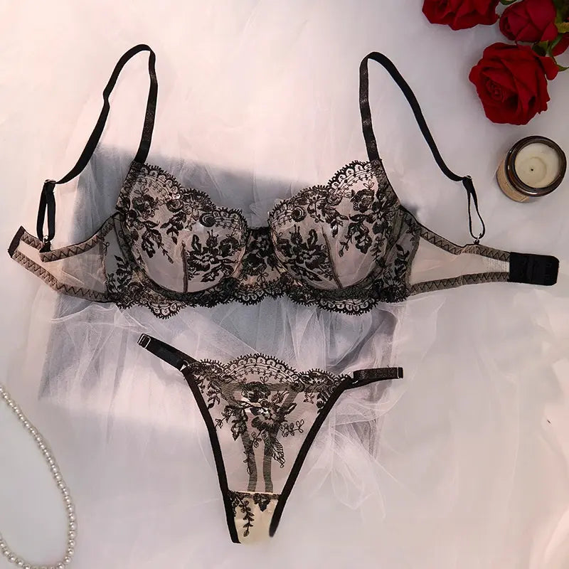 💫Sexy Embroidered Mesh Lingerie Set - Sheer Underwire Bra & Panty