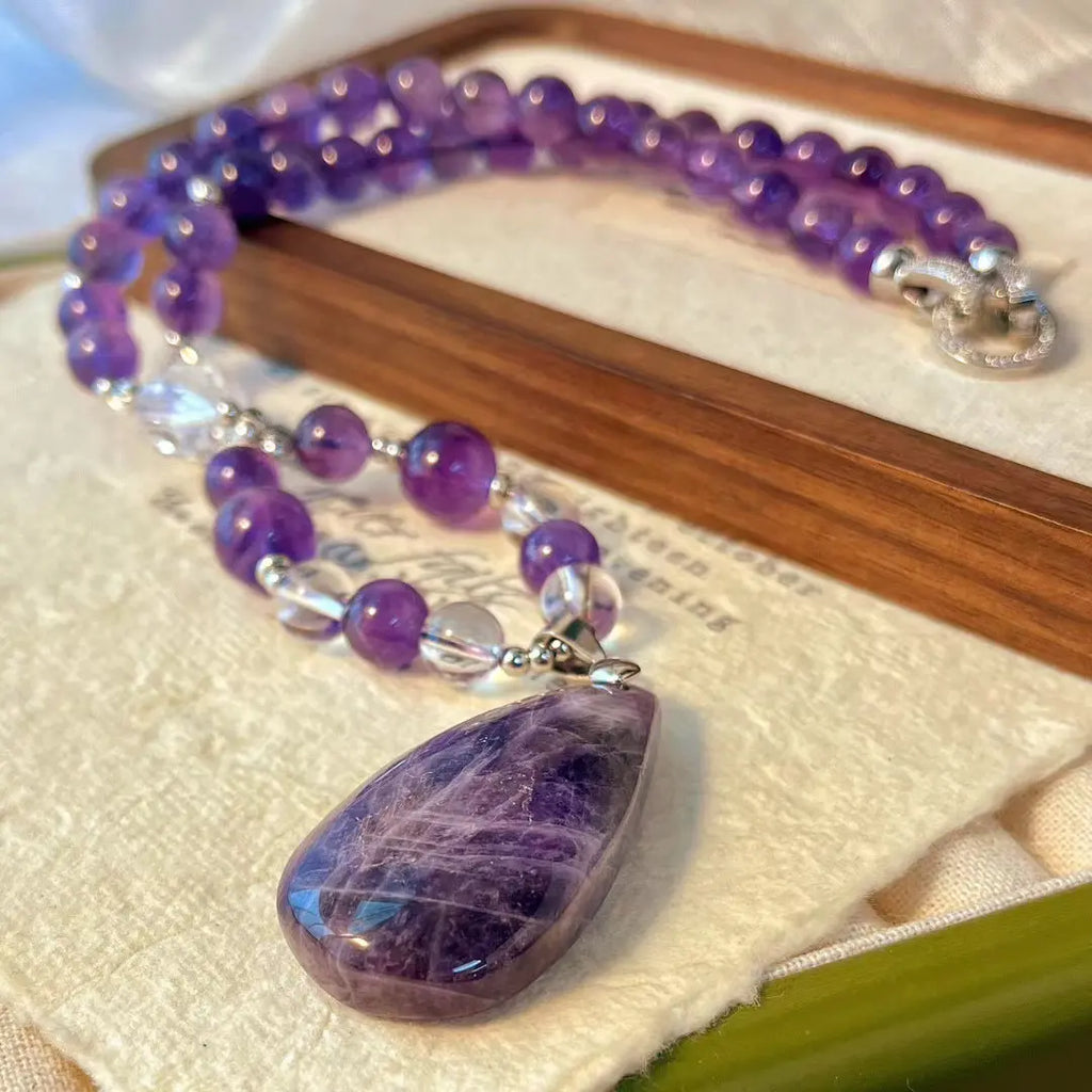 💜Vintage Lavender Amethyst Beaded Pendant Necklace | Clavicle Chain