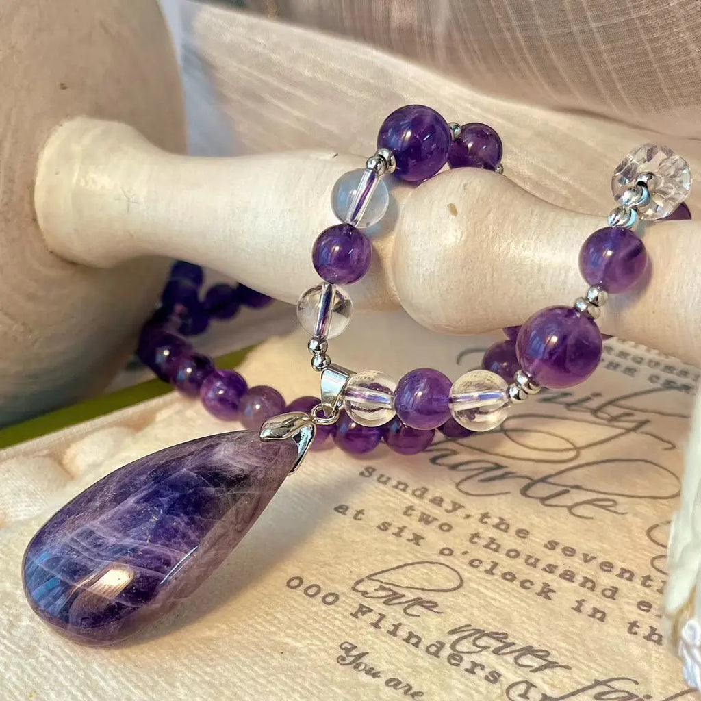 💜Vintage Lavender Amethyst Beaded Pendant Necklace | Clavicle Chain