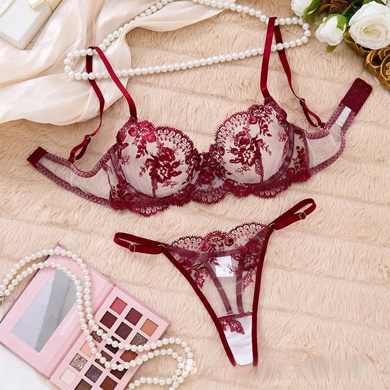 💫Sexy Embroidered Mesh Lingerie Set - Sheer Underwire Bra & Panty