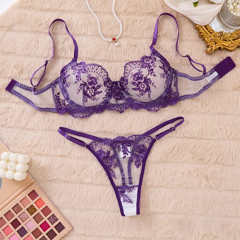 💫Sexy Embroidered Mesh Lingerie Set - Sheer Underwire Bra & Panty