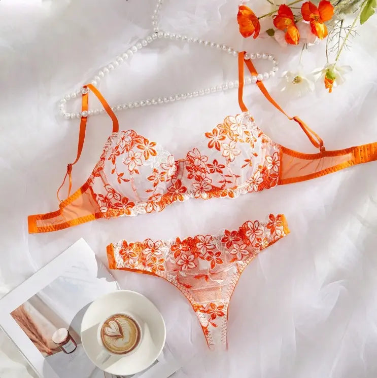 💫Sexy Embroidered Mesh Lingerie Set | Underwire Push-Up Bra & V-String