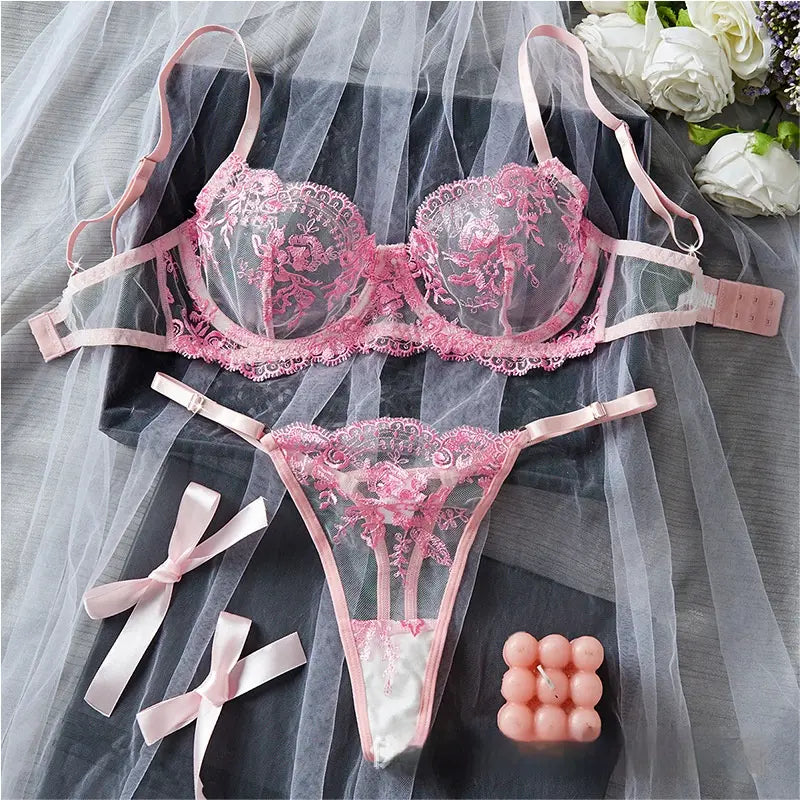 💫Sexy Embroidered Mesh Lingerie Set - Sheer Underwire Bra & Panty