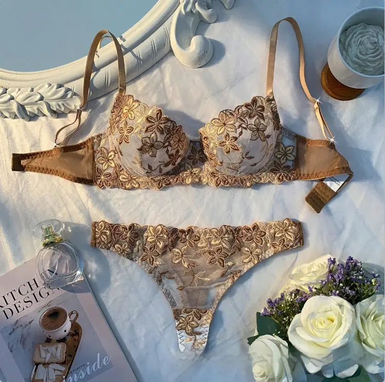 💫Sexy Embroidered Mesh Lingerie Set | Underwire Push-Up Bra & V-String