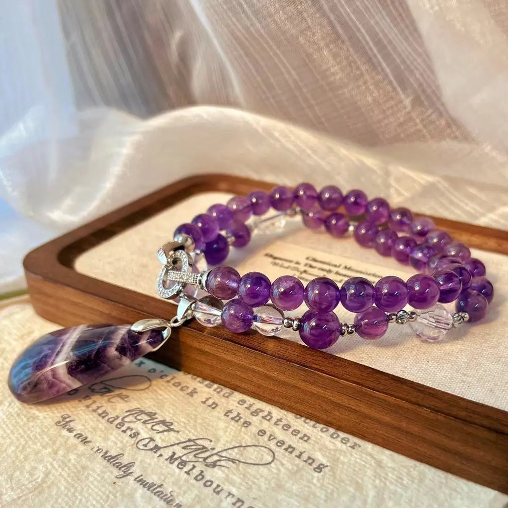 💜Vintage Lavender Amethyst Beaded Pendant Necklace | Clavicle Chain