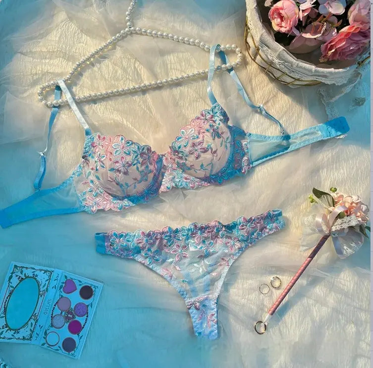 💫Sexy Embroidered Mesh Lingerie Set | Underwire Push-Up Bra & V-String