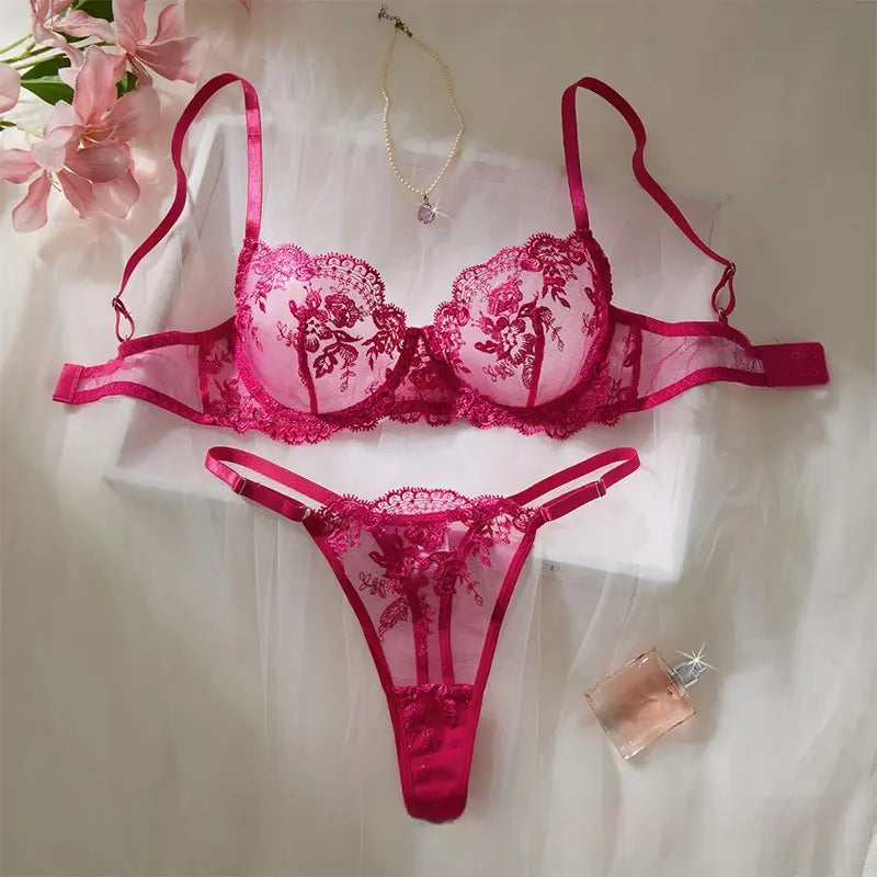 💫Sexy Embroidered Mesh Lingerie Set - Sheer Underwire Bra & Panty