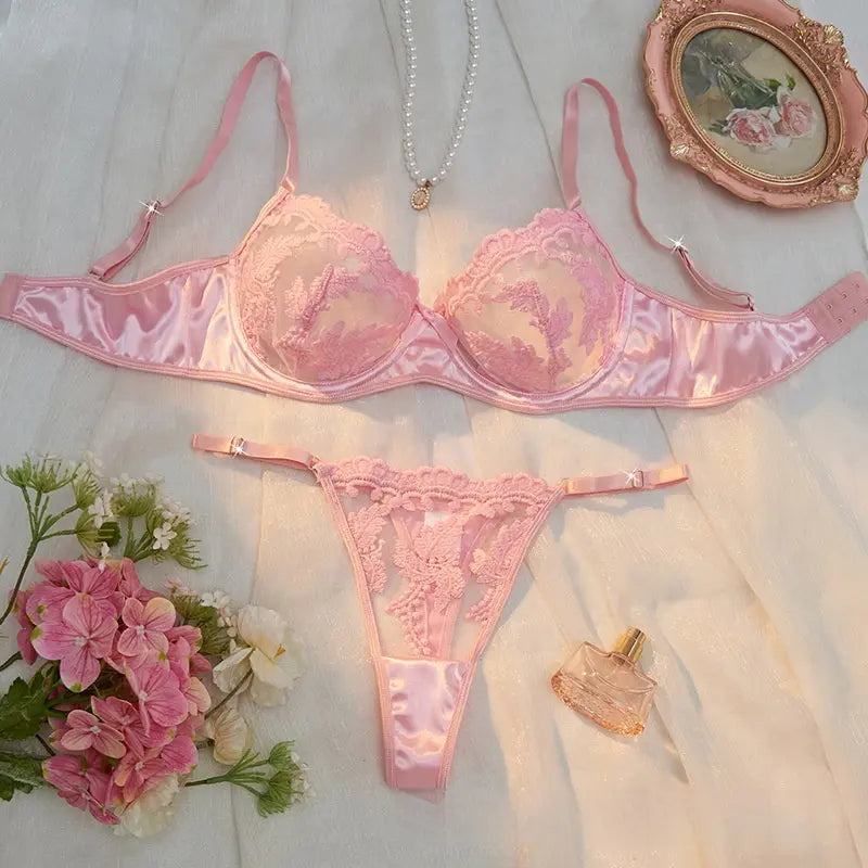 💫Sexy Embroidered Mesh Lingerie Set | Underwire Push-Up Bra & V-String