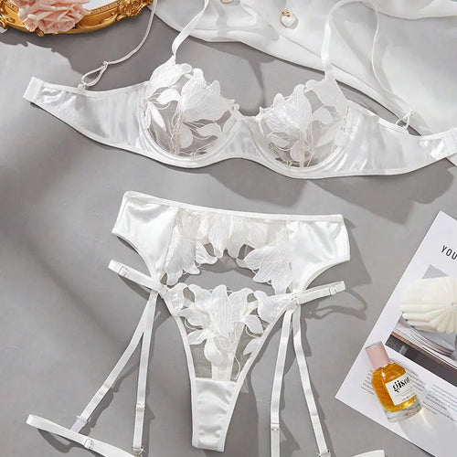 💫Sexy 3-Piece Floral Lace Lingerie Set - Underwire Bra & Garter Belt