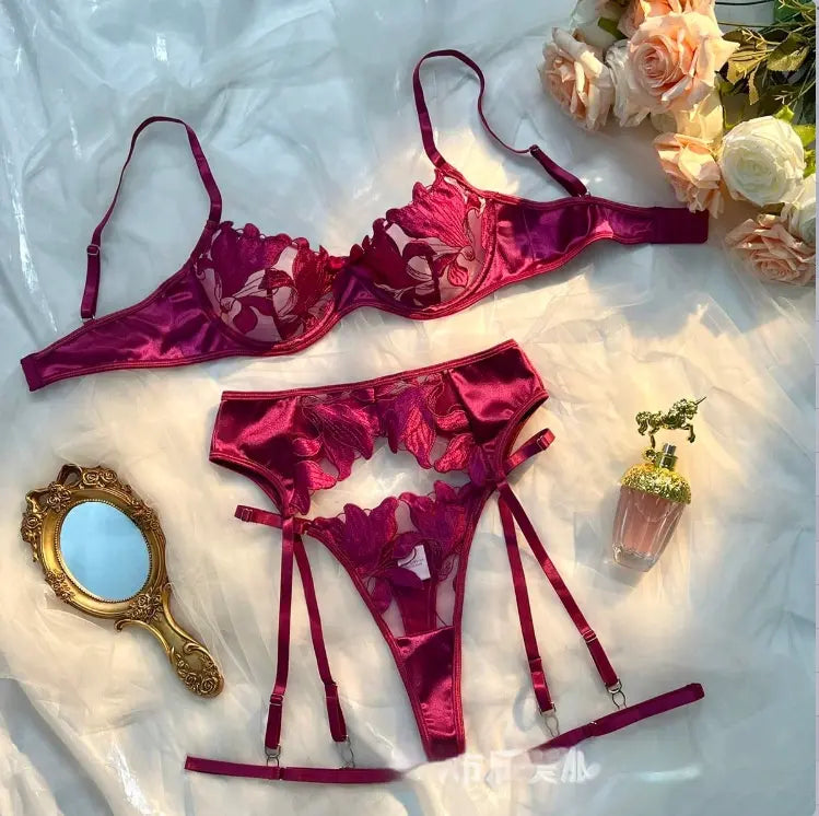 💫Sexy 3-Piece Floral Lace Lingerie Set - Underwire Bra & Garter Belt