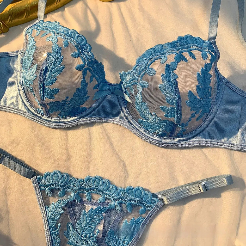 💫Sexy Embroidered Mesh Lingerie Set | Underwire Push-Up Bra & V-String