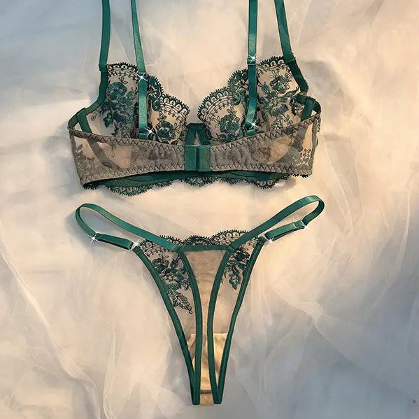 💫Sexy Embroidered Mesh Lingerie Set - Sheer Underwire Bra & Panty