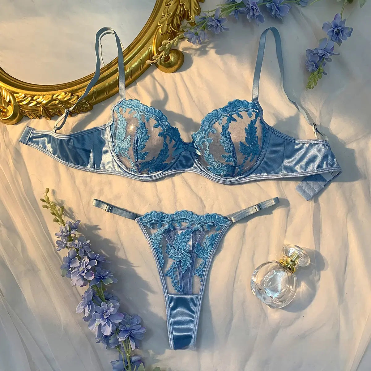 💫Sexy Embroidered Mesh Lingerie Set | Underwire Push-Up Bra & V-String