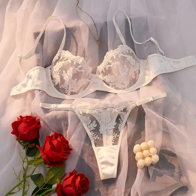 💫Sexy Embroidered Mesh Lingerie Set | Underwire Push-Up Bra & V-String