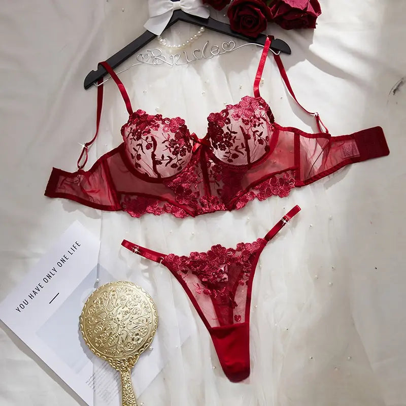💫Sexy Embroidered Mesh Lingerie Set | Underwire Push-Up Bra & V-String
